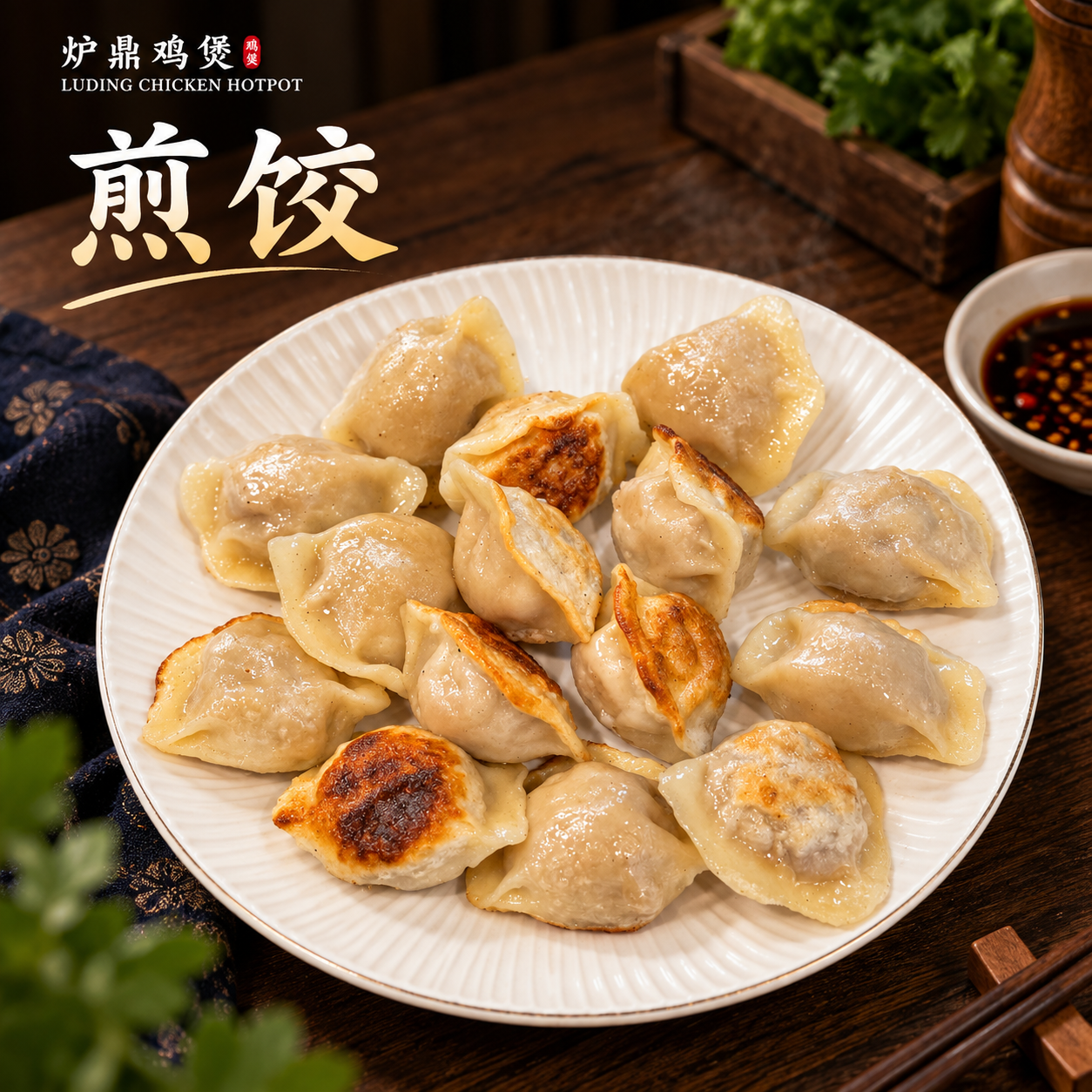 Pan-fried dumplings on a white plate